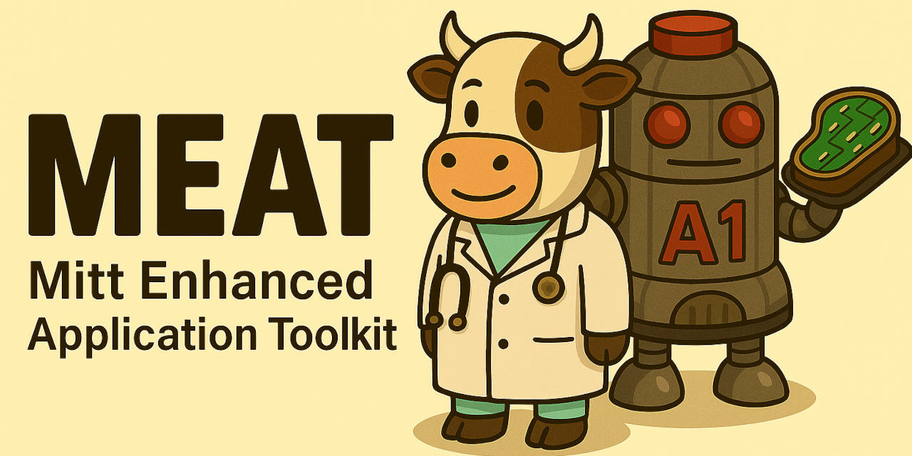 MEAT mascot — cow scientist and robot sidekick